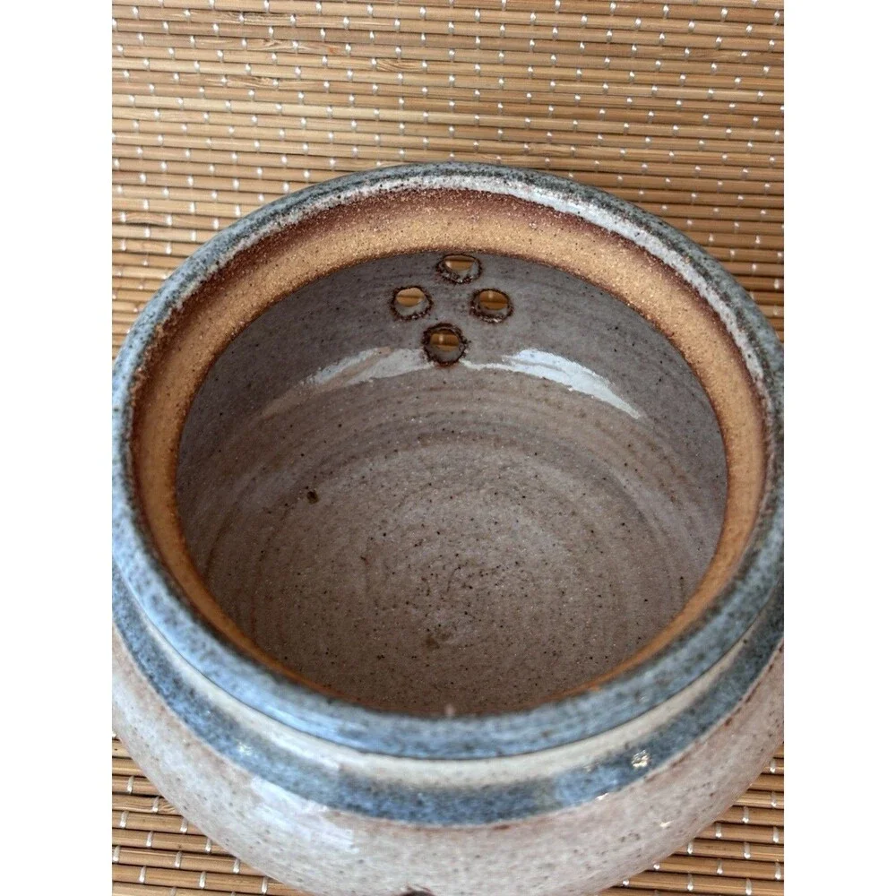 Vintage 1984 Stoneware Garlic Jar Blue Beige Handmade Cottagecore Grandmacore